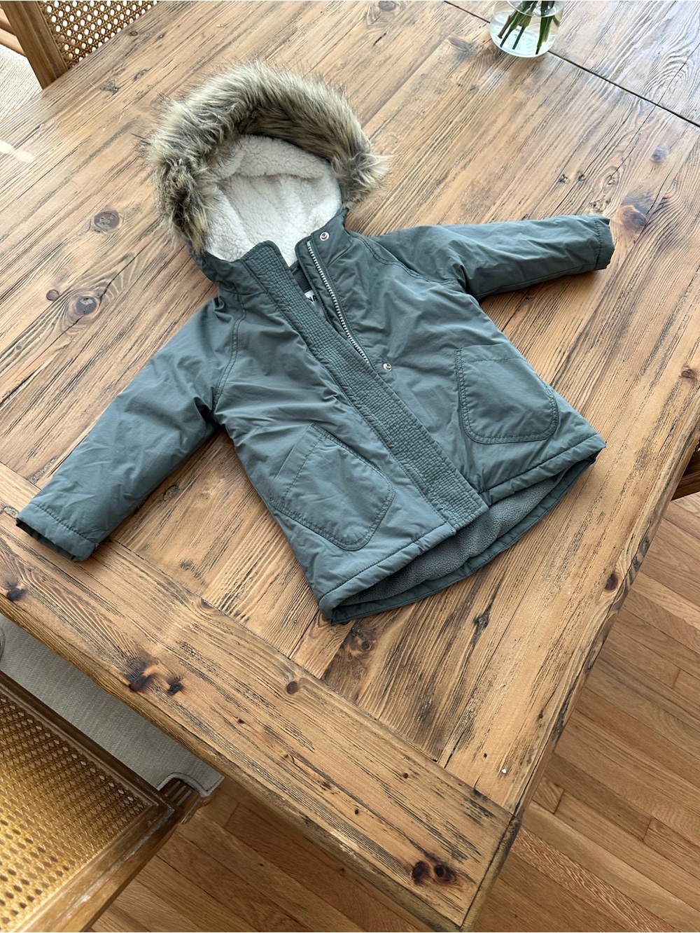 Hooded Winter Parka Jacket - Charcoal Grey with Faux Fur Trim